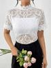 Elegant Solid Color Small Stand-Collar Lace Patchwork Trim Short Sleeve T-Shirt Top Women's Clothing