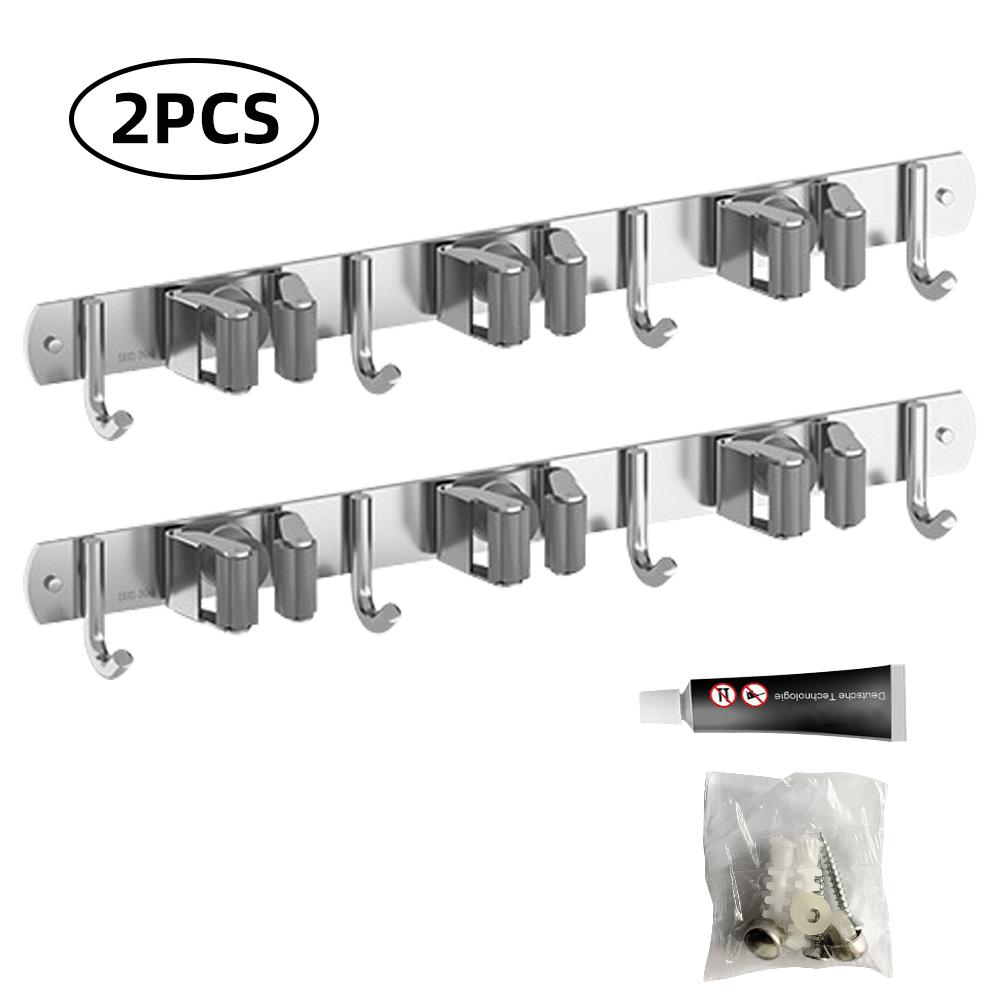 

2pcs 304 Stainless Steel Broom Holder 3 Racks 4 Hooks Wall Mount Mop Hanger