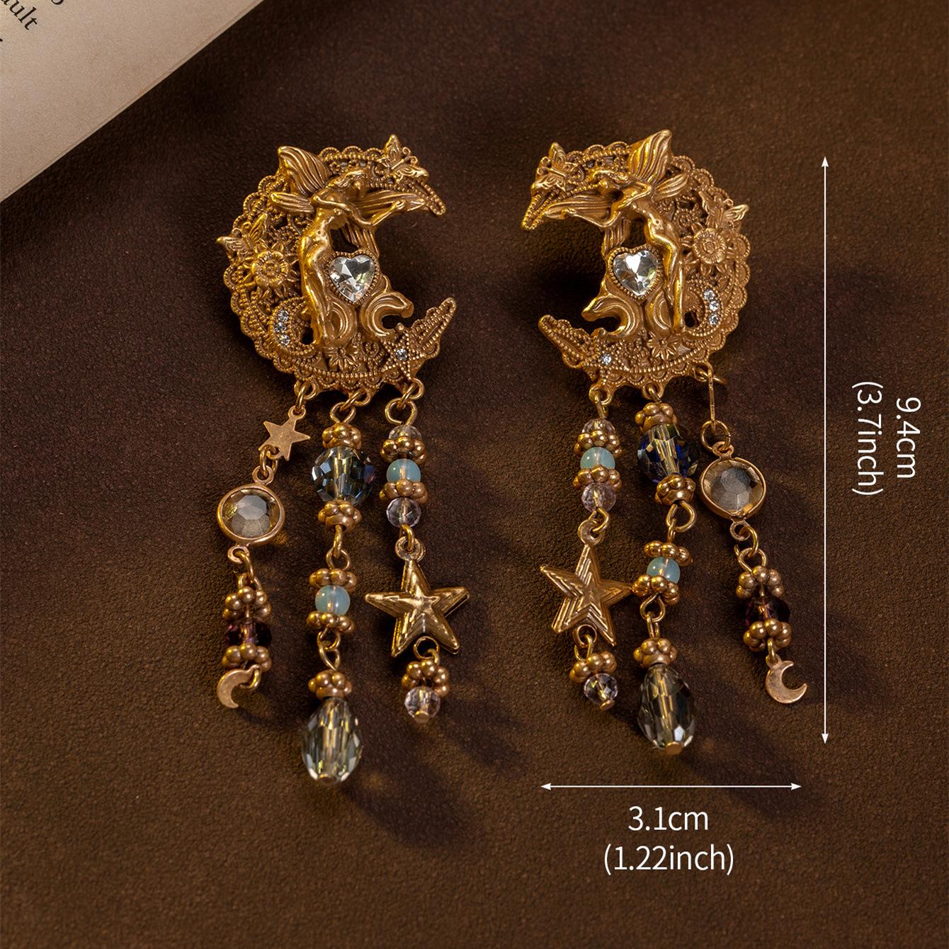 

Серьги Серебряная игла Премиум Чувство Тяжелая промышленность Инкрустированное Золото Луна Ангел Серьги-кисточки Ручной работы Индивидуальность Изысканные серьги