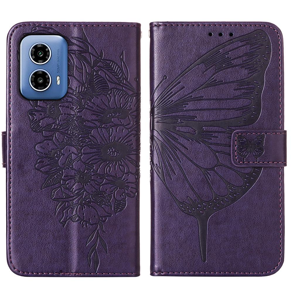

For Motorola Moto G45 5G/G34 5G Wallet Case with Wrist Strap Butterfly Imprint Leather Phone Cover Dark Purple