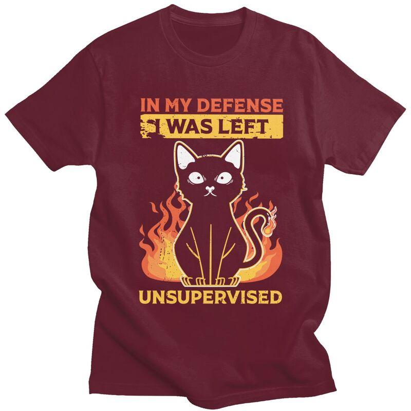 Custom In My Defense I Was Left Unsupervised Funny Cat T Shirt Men Pure Cotton Tshirt Tee Tops Streetwear Tshirt