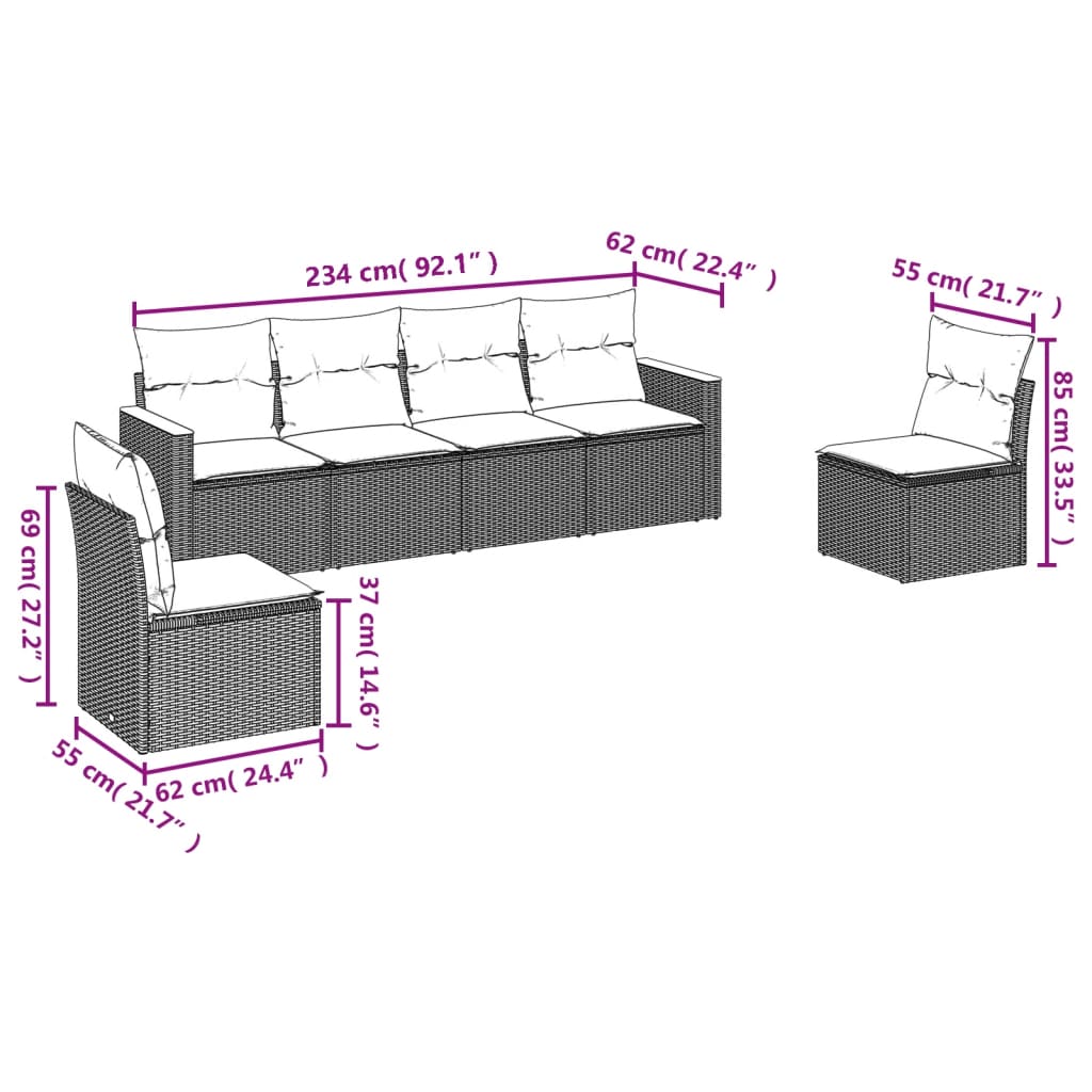 Vidaxl 6-Cz. Garden Furniture Set With Cushions, Grey, Poly Rattan
