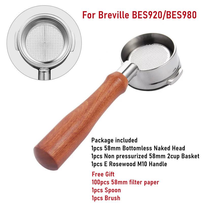 58mm Edelstahl bodenloser Siebträger mit M10 Griff, Kompatibel mit Breville BES920/BES980 Kaffeemaschine