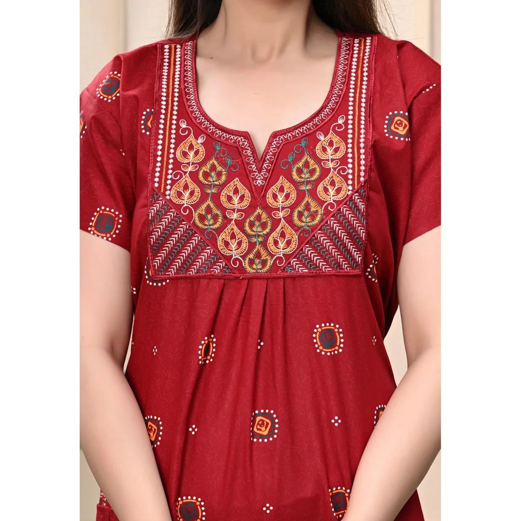 Red Embroidery Women Night Gown Dress Indian Beautiful Daily Wear Maxi Nighty