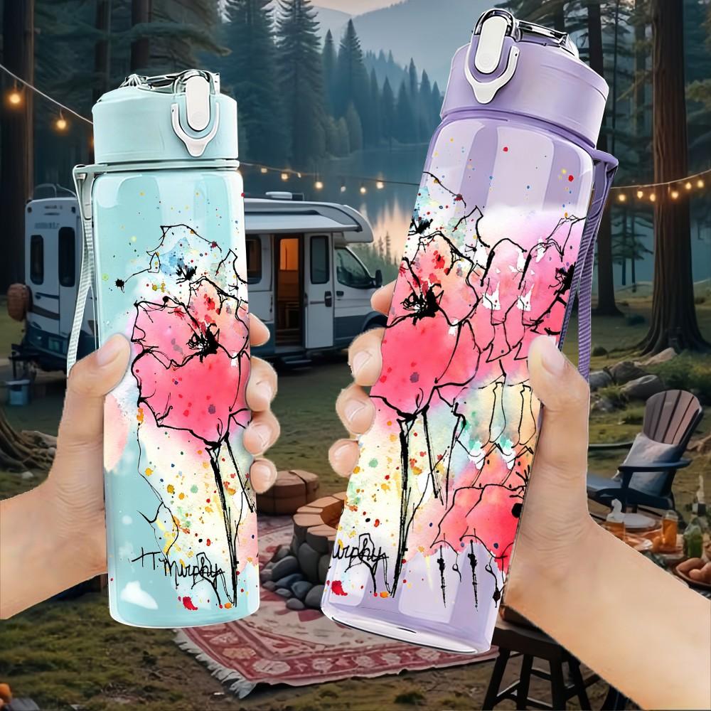 1PC Abstract Pink Splash Paint 750ml Color Plastic Sports Water Bottle Leakproof Flip Straw Lid Suitable for Sports Office Home Use