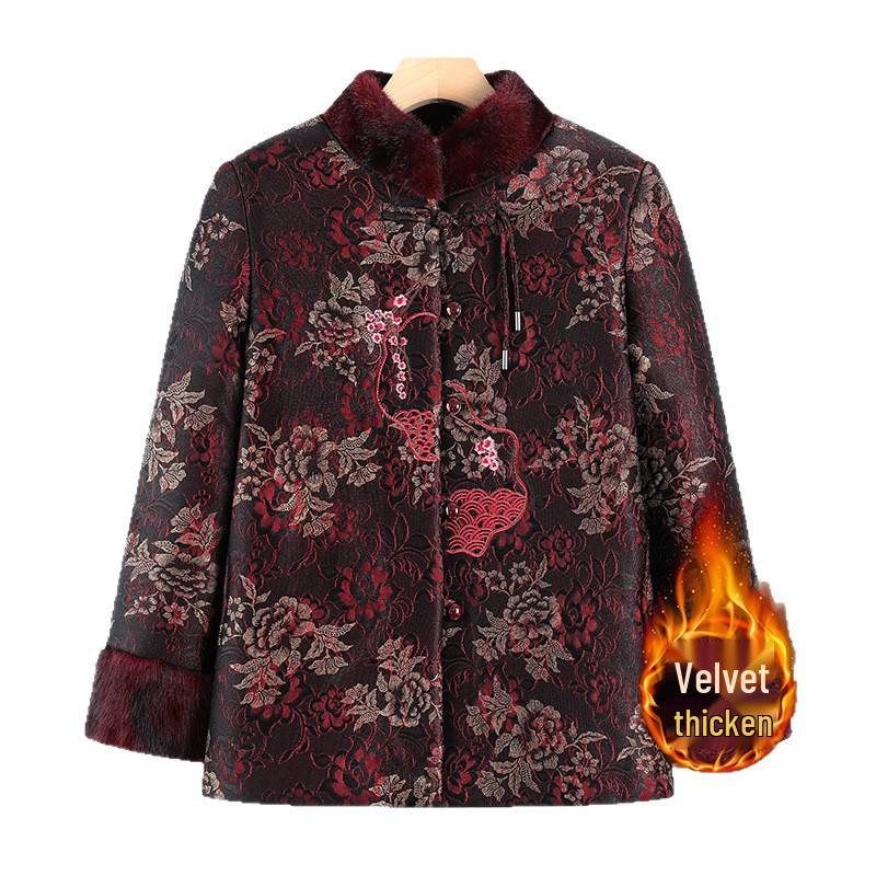Warm Embroidered Cotton Tang Suit Jacket for Middle-Aged & Elderly Women - New Chinese Style, Fleece-Lined, Loose Fit