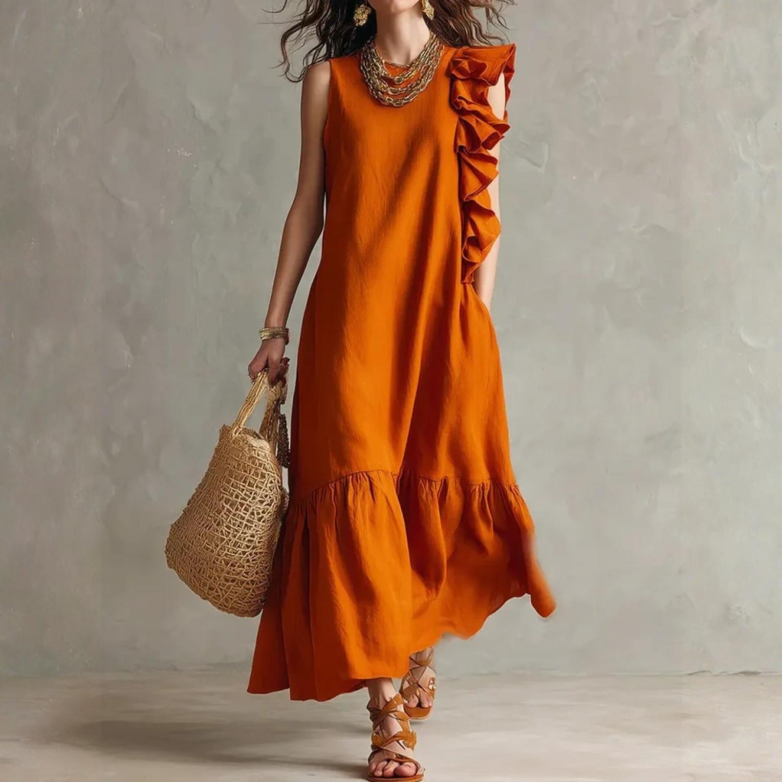 Sleeveless Ruffle Long Dress with Tiered Hem Loose Fit Lightweight Solid Casual Maxi Dress for Women M оранжевый