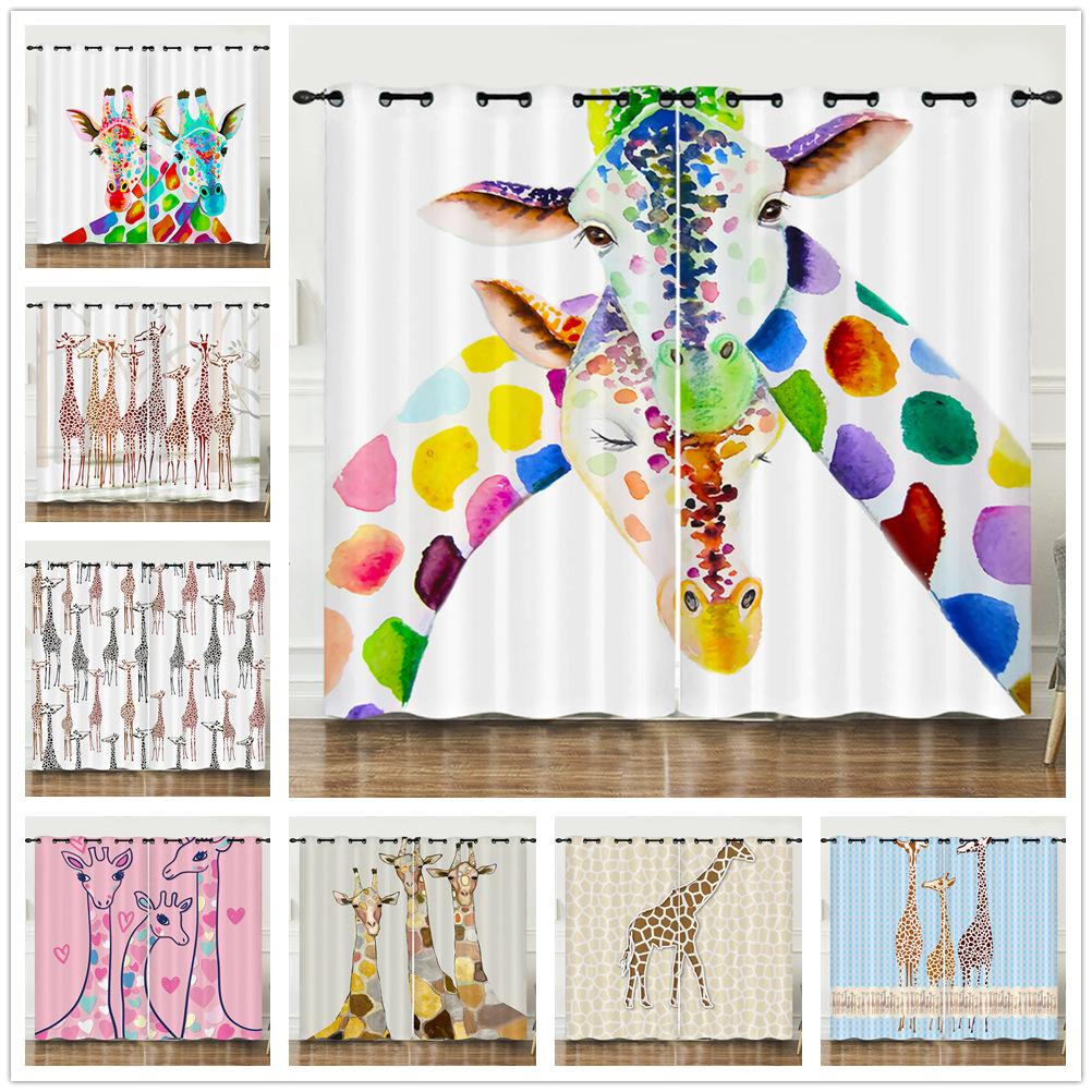 Curtain Cartoon Animal Love Giraffe 3D Digital Printing Blackout Curtain Punching