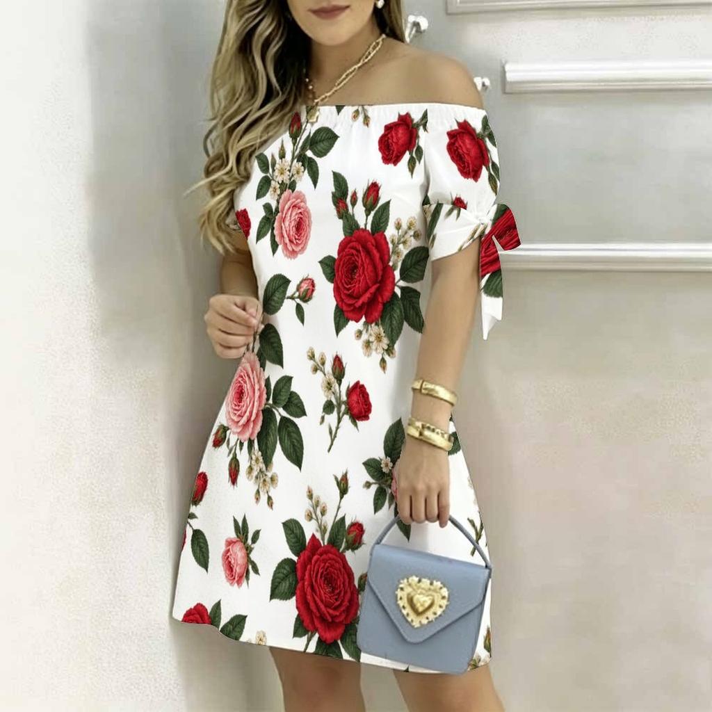 Women Plus Size White Off Shoulder Short Sleeve Floral Printed A Line Dress With Tie Cuff