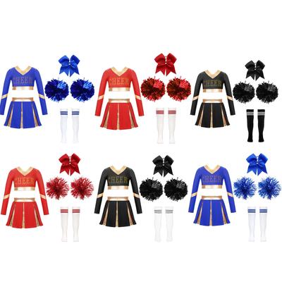 Kids Cheer Theme Performance Outfit: Matching Crop Top, Pleated Skirt, Bowknot, Stockings & Pom Poms, Ready for Competition