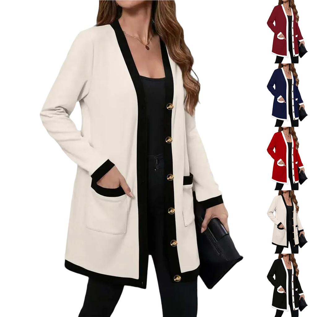 Women's Knitted Pocket Single-breasted Mid-length Contrast Color Casual Long-sleeved Cardigan Jacket