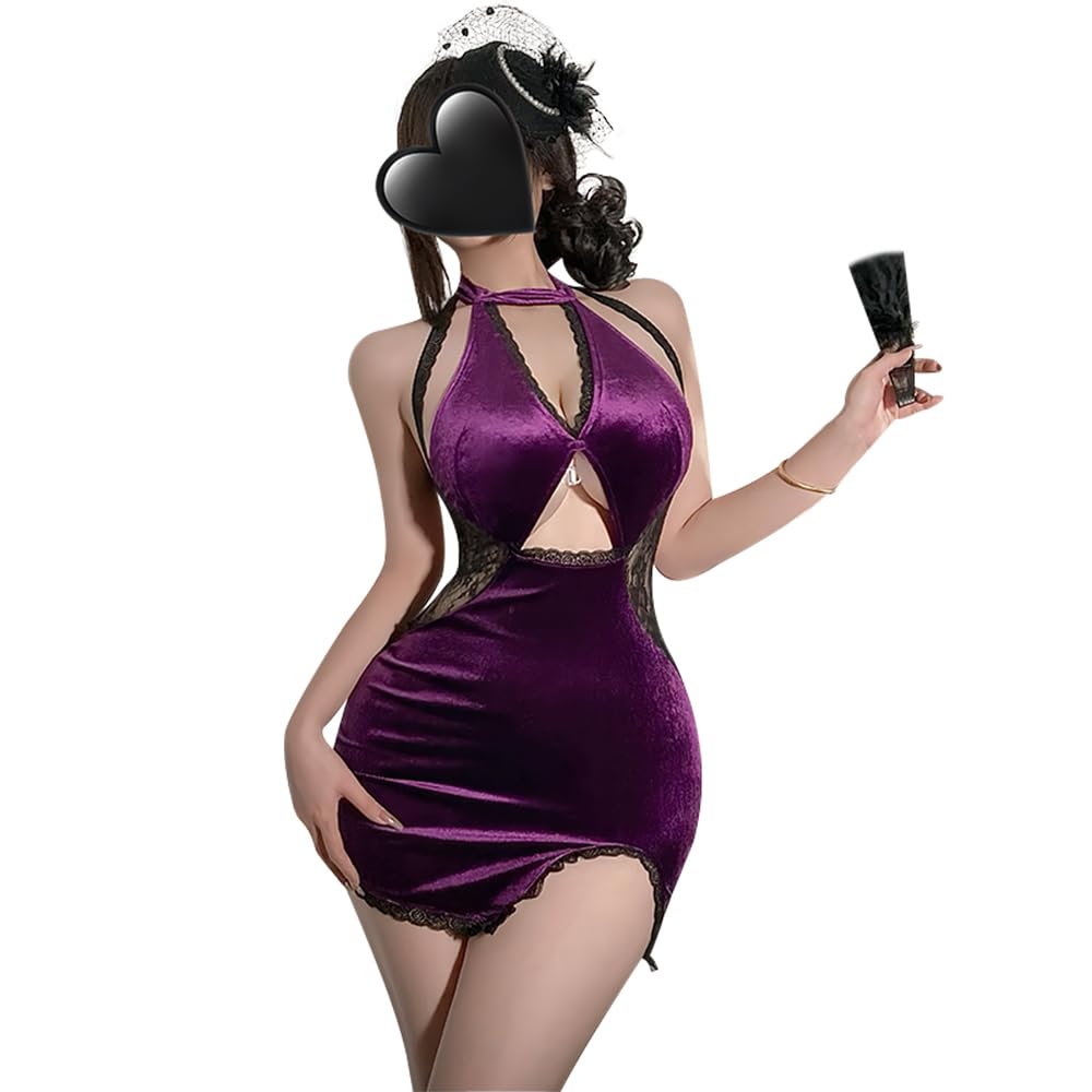 Sexy Chinese Set [RPFLQ] Dress, Open-chested, Purple, Sexy, Extreme, Babydoll, Lingerie, One-piece, Miniskirt, Lace, See-through, T-back, Women's