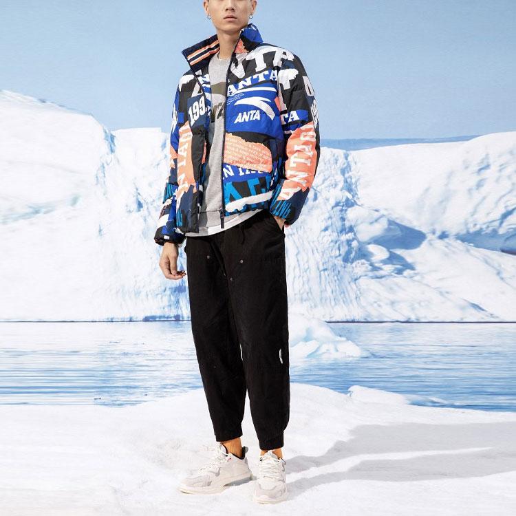 Anta Life Series Contrast Letter Logo Full Print Sports Warm Stand Collar Down Jacket Men Outerwear Blue 152148904-1