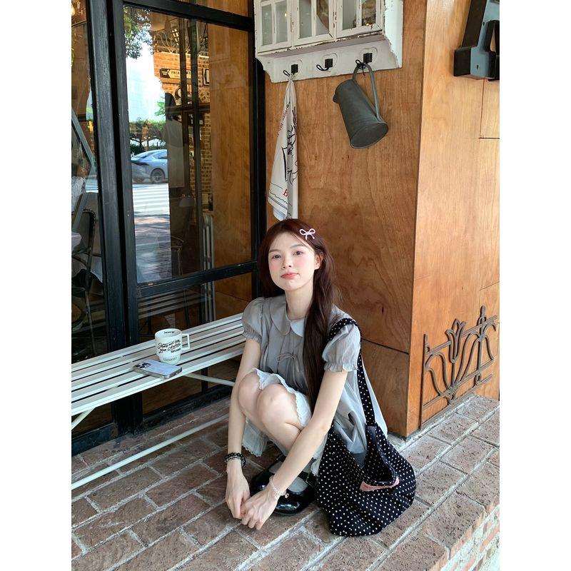 Kumikumi Sweet Style Bow Doll Collar Short sleeve Shirts Women Summer Retro Age-Reducing Loose Slimming Top