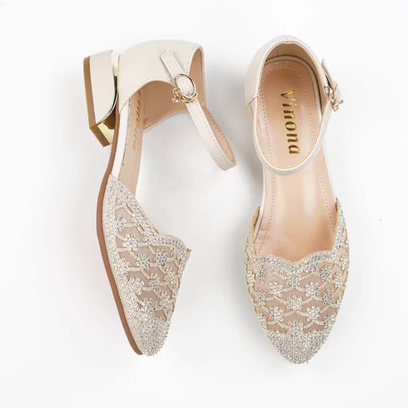 New Style Sandals Mid-heel Shoes with Toe Caps Rhinestone Shoes Single Shoes Mom Shoes