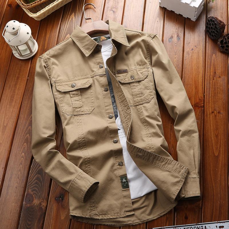 New Men's Spring and Autumn Long-sleeved Solid Color Shirt Military Uniform Outdoor Shirt Large Size Outdoor Workwear