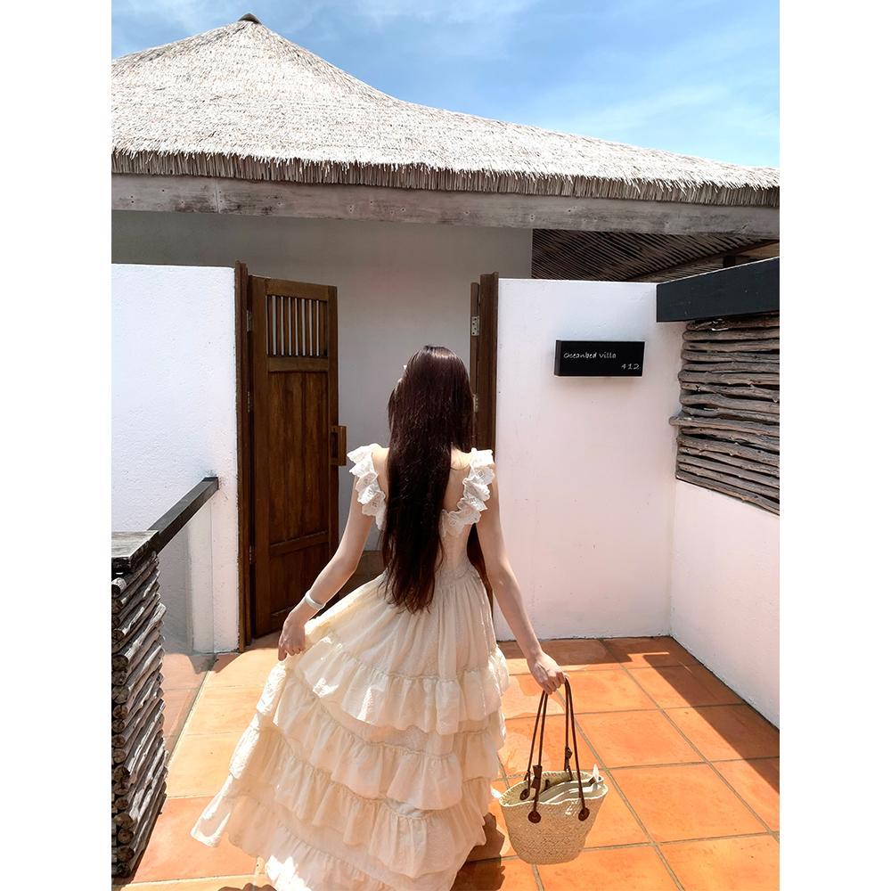Xiaofei Sleeve Suspender Large Skirt Waist Seaside Holiday Super Fairy Medium and Long Cake Dress Dress Women's Lace Splicing