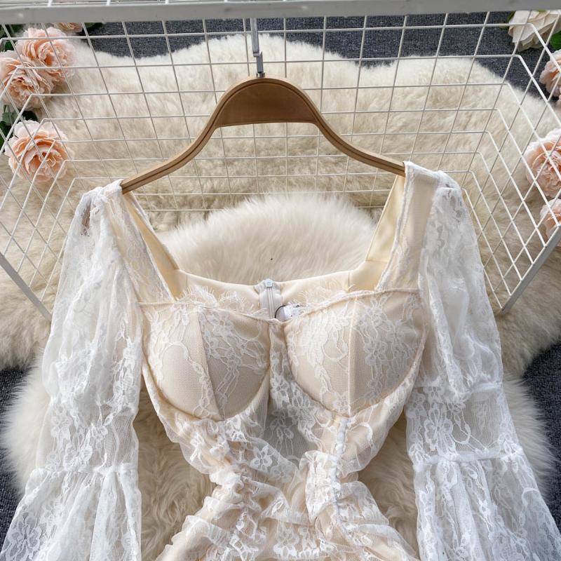 Frence seksowna koronkowa przezroczysta sukienka jednoczęściowa damska elegancka latarnia rękaw elegancka Mini sukienka Lady słodka impreza urodzinowa projektowanie mody odzież 2024