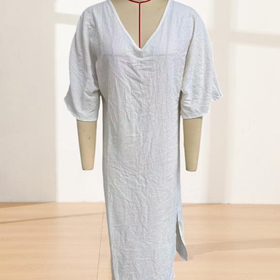 Damen Baumwolle Leinen Langes Kleid Fledermaus Kurzarm V-Ausschnitt Tunika Kleid Sommer Hoher Schlitz Fließendes Strand-Sonnenkleid