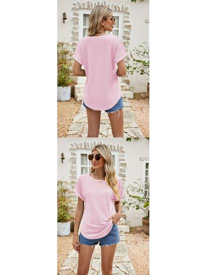 Women's Eyelet Summer Round Neck Short Sleeve Casual T-shirt