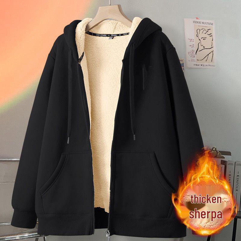 Unisex Hooded Zip-Up Fleece-Lined Cardigan - Warm Winter Lamb Wool Jacket (Apricot)