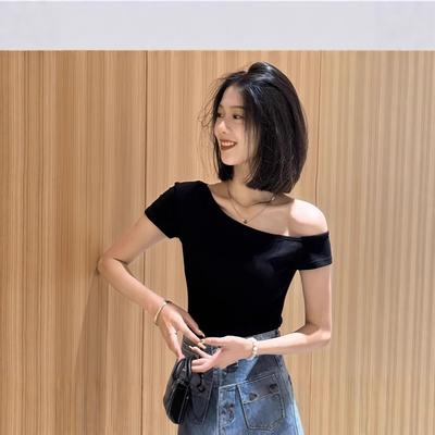 Vitality Spice Girl Slant Shoulder Short Sleeve Top Women's Design Sense Summer Solid Color Off-Shoulder Clavicle Skinny Versatile Temperament T-Shirt