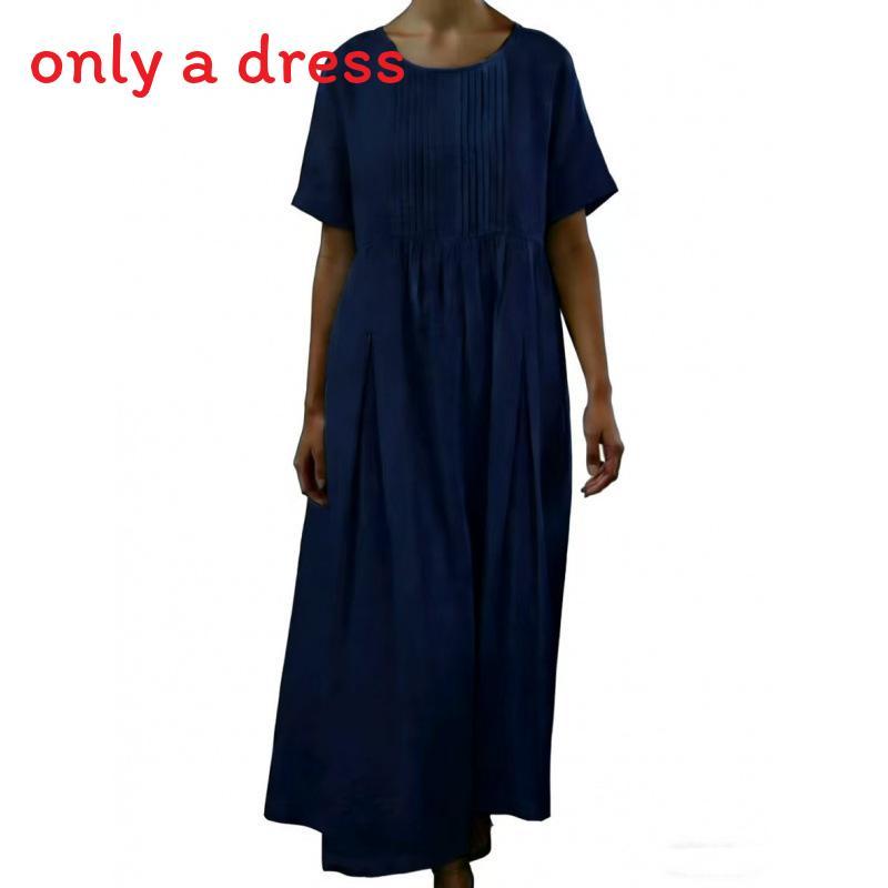 Cotton Linen Pleated Midi Dress With Loose Waist For Casual Wear