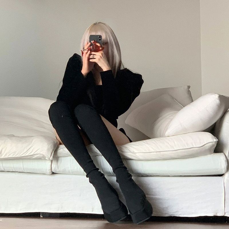 Tall thin, thin boots, elastic socks boots, retro square head muffin thick-soled super tall stockings, over-the-knee boots