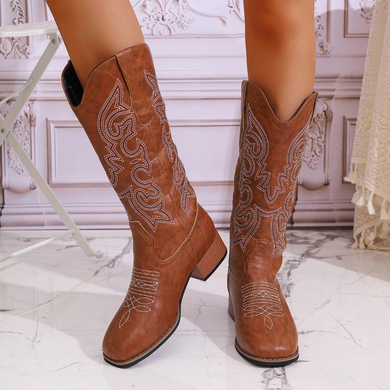 Winter Coarse Heel Western Cowboy Boots Embroidered Boots, Style Tall Round Boots