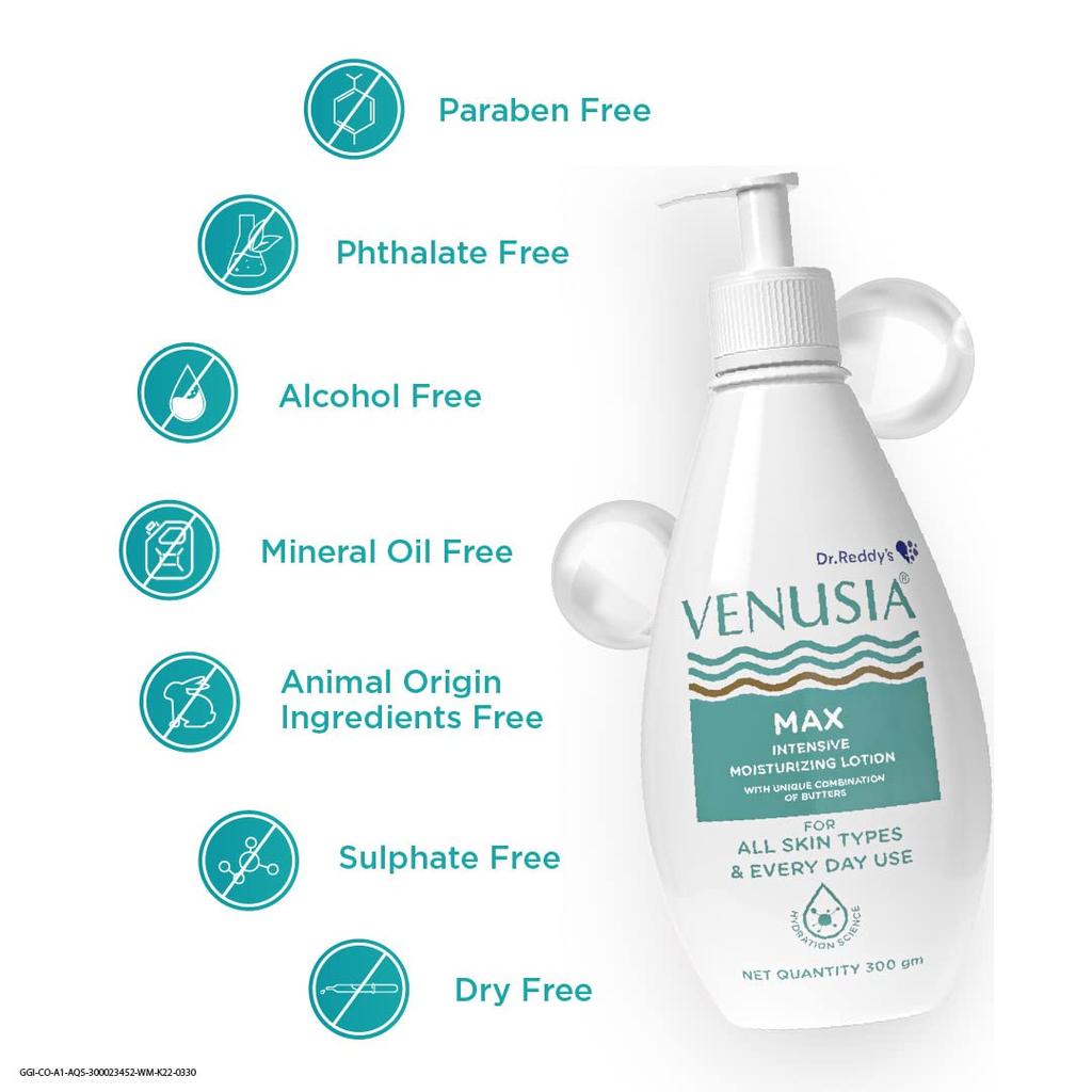 Venusia Daily Intensive Moisturizing Lotion by Dr. Reddy's for Dry Skin with Shea, Mango, Aloe & Cocoa Butter 300g
