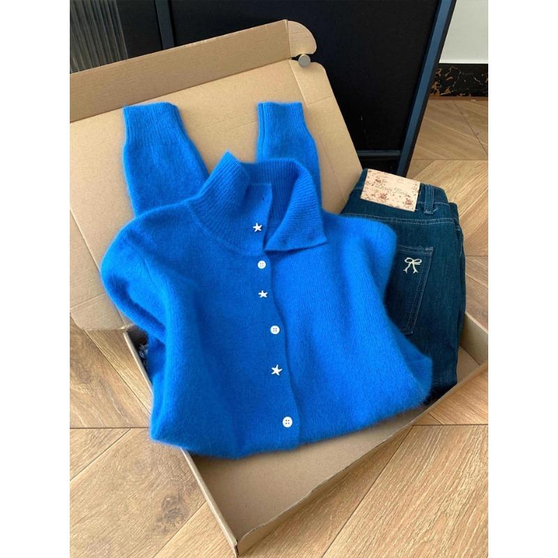 New Autumn Loose Orange Stand-up Knitted Cardigan for Women Long-sleeved High-end Soft Waxy Sweater
