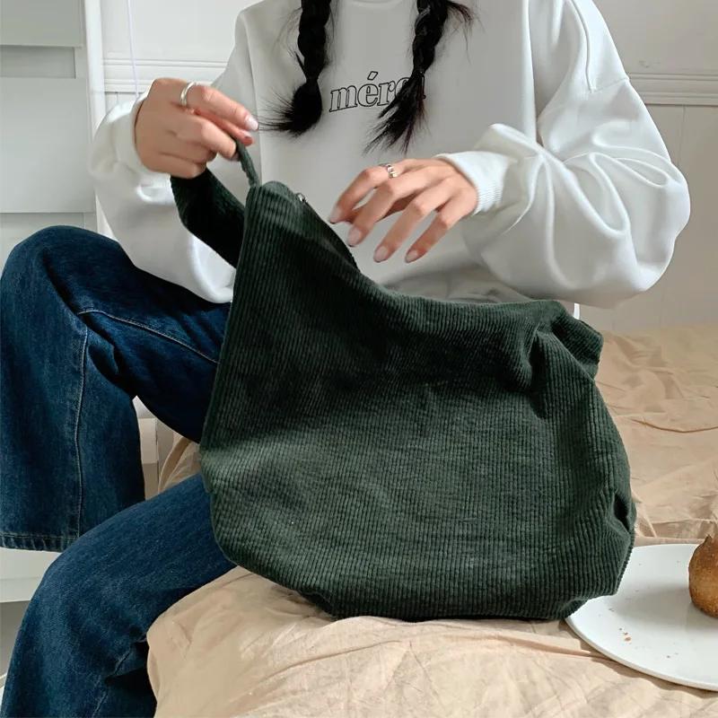 Large Capacity Women's Shoulder Bag Retro Corduroy Female Commute Shopping Bags Solid Color Ladies Simple Tote Purse Handbags