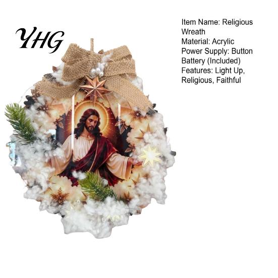 Religious Wall Hanging Pre-Lit Nativity Wreath, Battery Powered Lighted Wreath with Burlap Holiday Door Garland Bow And Star for Christmas Front Door,