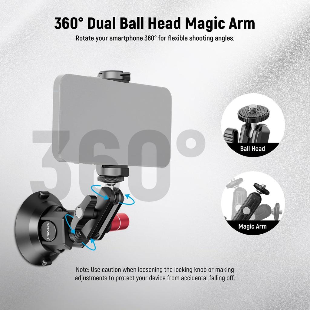 Neewer Vacuum Suction Cup Mount 3-inch Ball Head Magic Arm Smartphone and Action Camera Adapter Aluminum Quick Release Car Mount with 1/4" and 3/8"