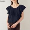  ZANZEA Women Ruffles Round Neck Loose Casual Sleeveless Blouse