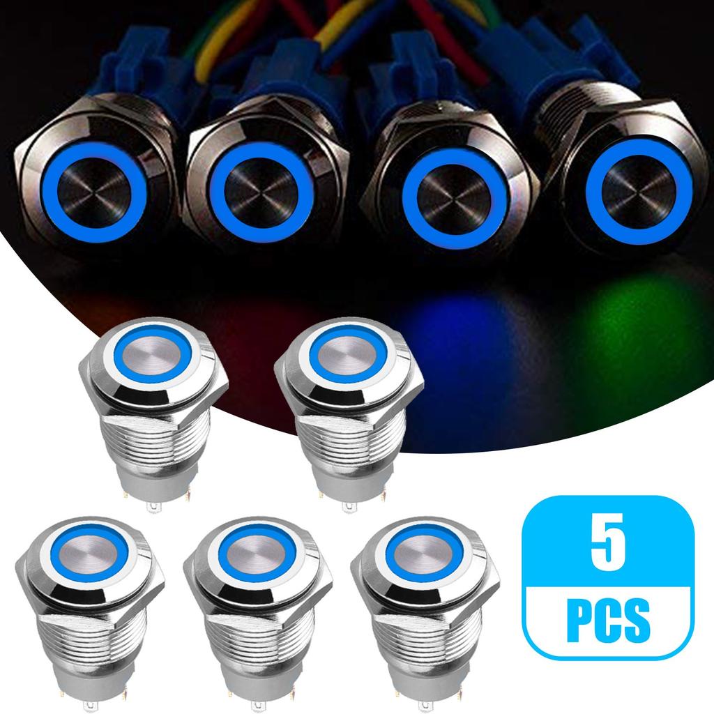 5pcs 19mm Momentary Push Button Power Switch Stainless Steel with Blue LED
