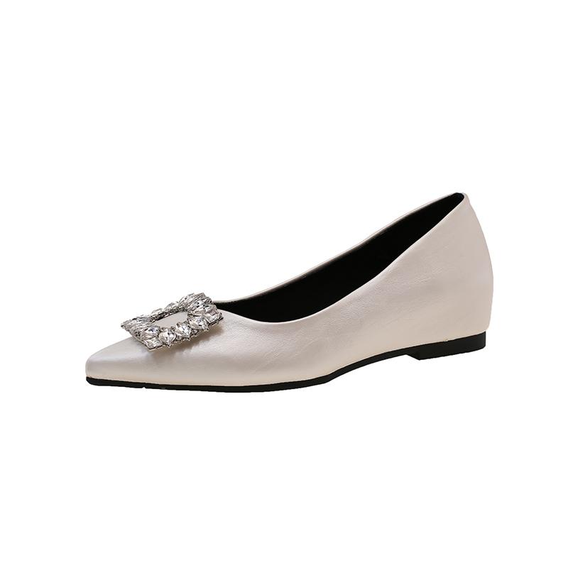 Fashion Inside Heightened Single Shoes Women's Fashion Pointed Toe Shallow Slip Rhinestone Square Button Soft Sole Low Heel Shoes