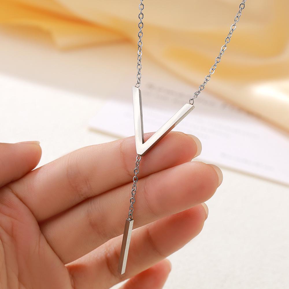 Women's Simple English Letter V Titanium Steel Tassel Clavicle Necklace - Non-fading Accessory