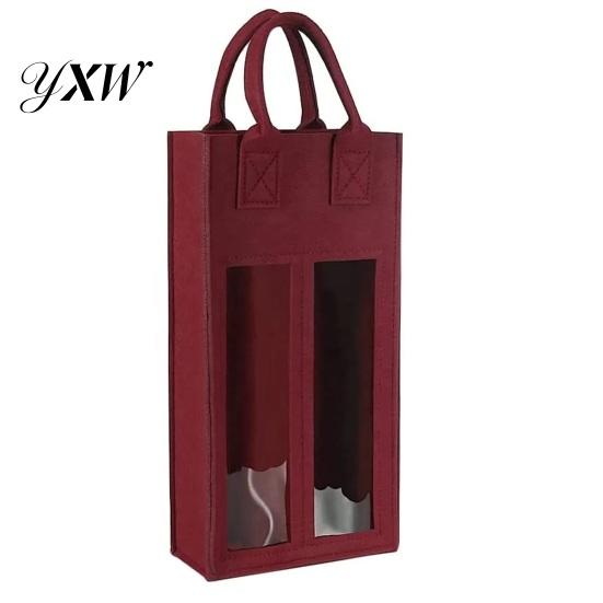 Thick Felt Wine Carrier Double Bag with Portable Handle Shockproof Heavy Duty Glass Bottle Packaging Reusable Champagne Beer Tote Handbag Gift Red