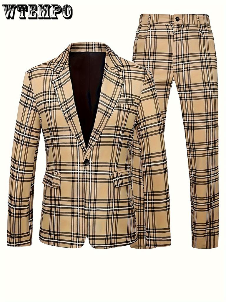 Costum în carouri pentru bărbați, 2 buc, mărime Plus - Jachetă blazer cu un buton cu revere crestate și set de pantaloni de costum-Pentru afaceri și ținute zilnice, potrivite pentru ocazii formale