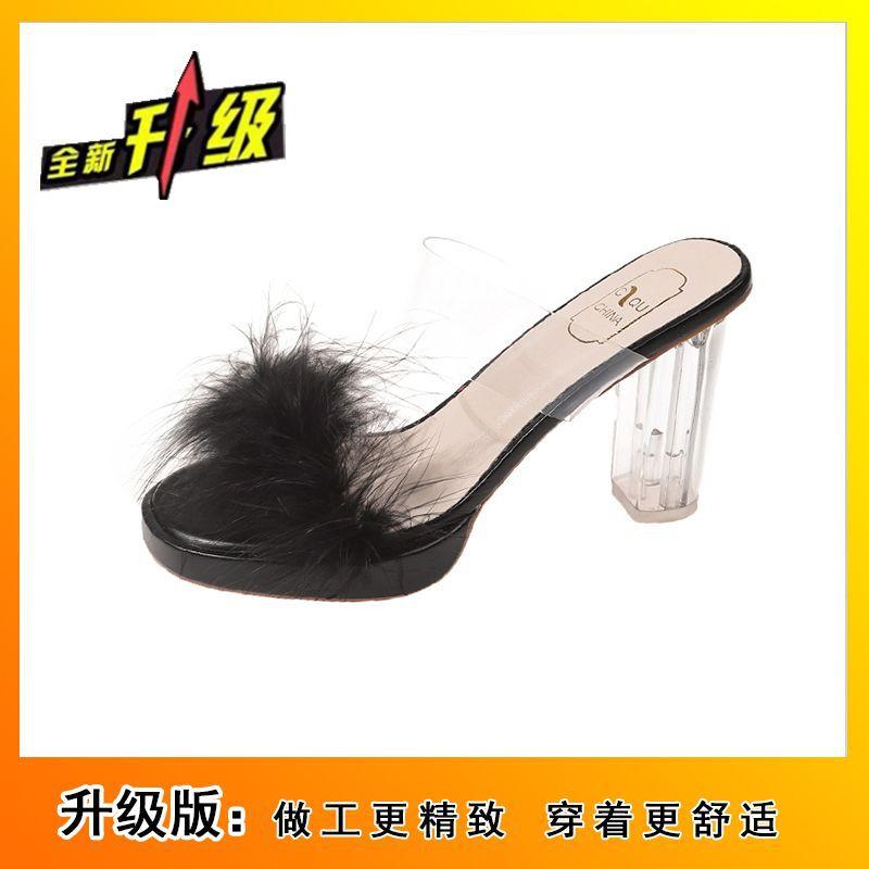 Transparent Crystal High Heels Fashion Temperament Fashion Platform Slippers 2025 Summer Thick Heel Open Toe Fluffy Shoes Sandals