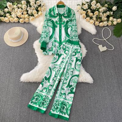 Spring Autumn Vintage Designer Print Runway Trouser 2 Piece Set Women Turn-down Collar Shirt And Elastic Waist Pocket Pant Suit