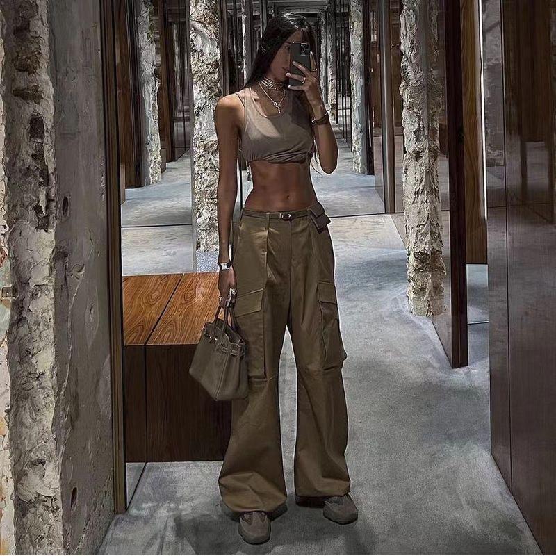 

Fashion Style Cargo Pants Loose Casual Pants Pocket Low Waist Pants Loose Pocket Casual Pants Dark brown M