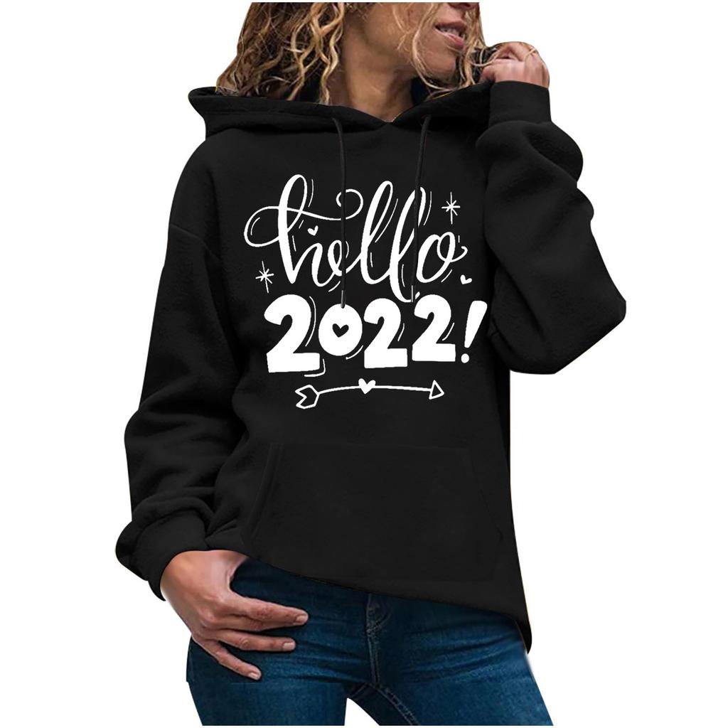Dámská móda ležérní novoroční potisk mikina s kapucí volná sportovní pulovr