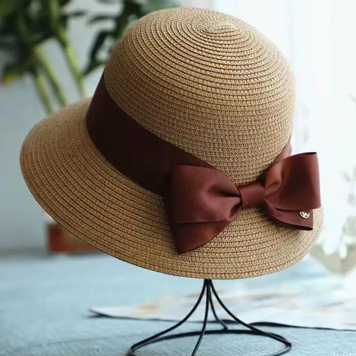 WTEMPO Double Bow Elegant Casual Foldable Summer Straw Hats Women's Solid Color Wide Brim Outdoor Beach Sunscreen Hats