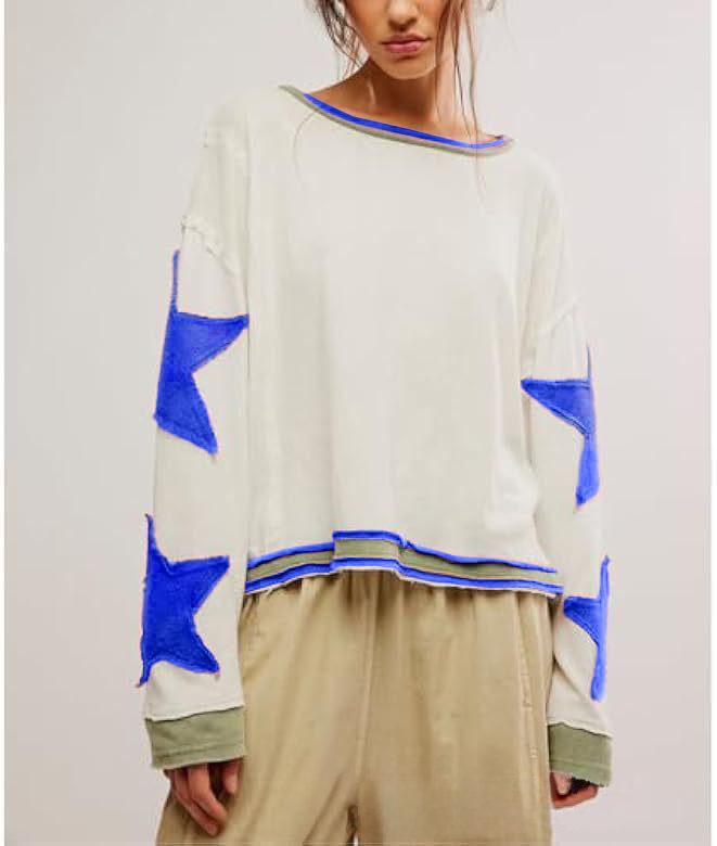 

Women s European and American Crew Neck Sweatshirt - Long Sleeve Loose Fit M белый/синий