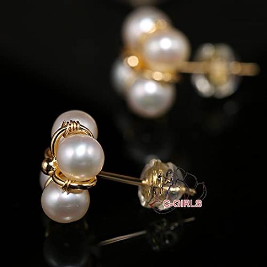 Pearl natural freshwater pearl earrings with 14k gold baby clover and Perfect for Free luxury gift wrapping on all C-Girls Shop Hanadama-grade