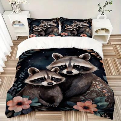 3pcs Two Raccoons In a Night Garden Pattern Bedding Set, 1* Cover + 2*Pillowcases, Printed Bedding Set, Soft and Comfortable