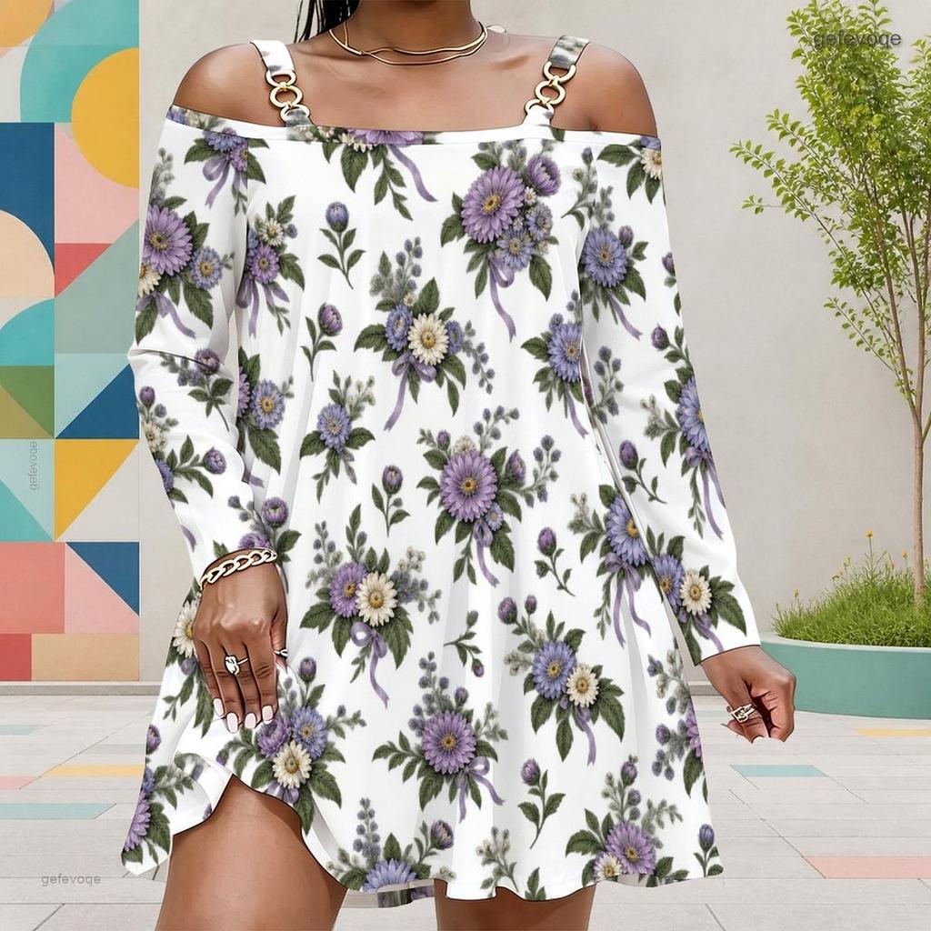 Women Plus Size Cold Shoulder Long Sleeve White Floral Printed Dress