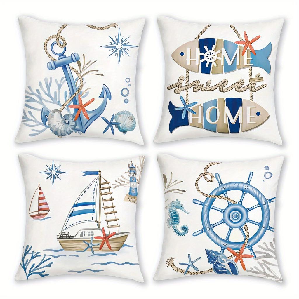 1/4pcs Coastal Nautical Throw Pillow Covers Navy Blue Ocean Themed Cushion Cases for Home Decor Cushion Cover
